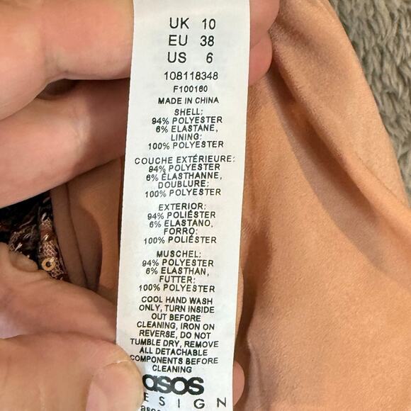 Asos Sequin Cami Mini Dress Cowl Neck Bronze Blush Pink Neutral 6 Tall 6T - Picture 10 of 11